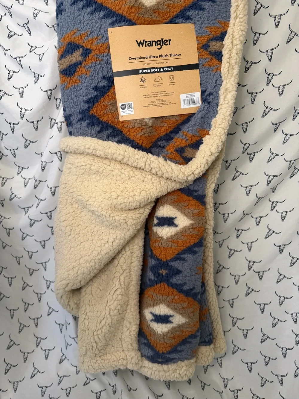 Wrangler Plush Aztec Throw - Blue, Orange & Cream